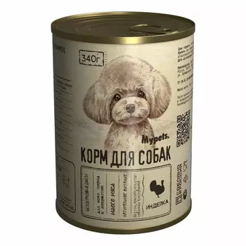 Mypets влажный корм для взрослых собак с индейкой, в консервах - 340 г х 12 шт повседневный премиум для всех возрастов с индейкой для всех пород консервы (в железной банке) Российский корм 1 уп. х 12 шт. х 4.08 кг