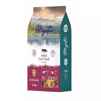 Mystic Adult Cat Food Gourmet полнорационный сухой корм для кошек, с курицей, ягненком и рыбой - 1,5 кг повседневный супер премиум для взрослых с рыбой для всех пород мешок Импортный корм 1 уп. х 1 шт. х 1.5 кг