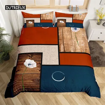 Пододеяльник с красными розами и цветочным узором King Vintage Wooden Flowers Комплект постельного белья из полиэстера Романтическое покрывало с геометрическим узором EU single(135x200cm)