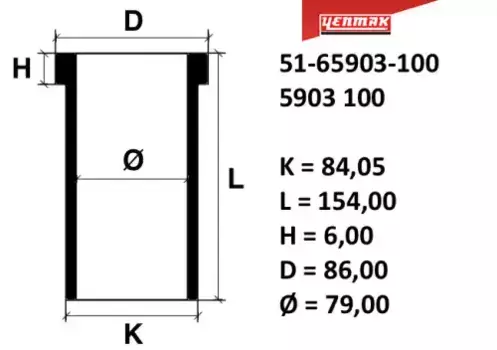 80,00 Гильза K=84,05, L=154, H=6, D=86 5165903100 YENMAK