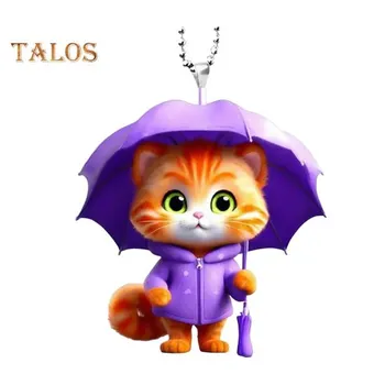 Подвеска в виде зонтика в виде кота на зеркало заднего вида автомобиля, 2D акриловое украшение для автомобиля, мультяшное подвесное украшение для интерьера автомобиля, ключей для окон дома Cat