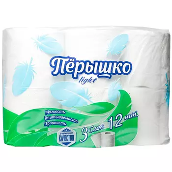 Туалетная бумага Перышко Light 3 слоя, 12 рулонов, белая, со втулкой