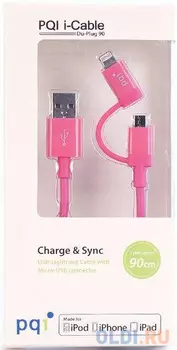 Переходник microUSB Lightning 0.9м PQI PQI-iCABLE-DuPlug90-PK круглый розовый