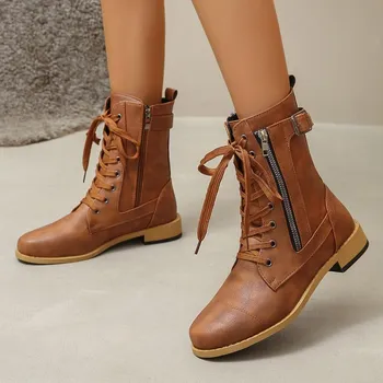 Fashion 2024 New Winter Women s Short Ankle Boots with Lace-up Fashion and Comfortable Buckle Decoration Solid Color Fashion Boots 36 серый