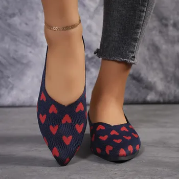 Fashion Women Shoes 2024 Spring autumn New Pointed Knitted Love Print Shoes Shallow Mouth Flat Shoes Size 36-43 Zapatos Mujer Mocasines 36 белый