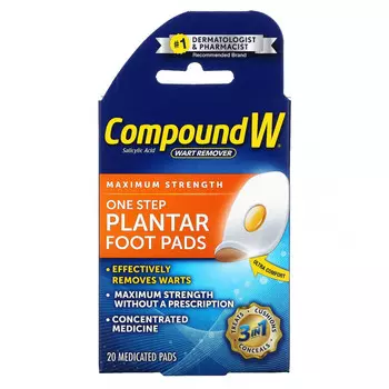Compound W, Средство для удаления бородавок, One Step Plantar Foot Pads, максимальная сила действия, 20 лечебных подушечек