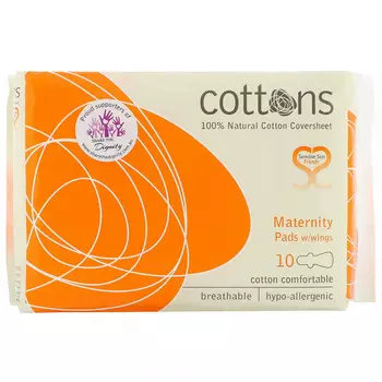 Cottons, Ночные прокладки с крылышками, покрывающий слой из 100% чистого хлопка, для большого объема выделений, 10 штук