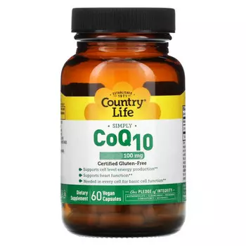 Country Life, CoQ10, коэнзим Q10, 100 мг, 60 веганских капсул