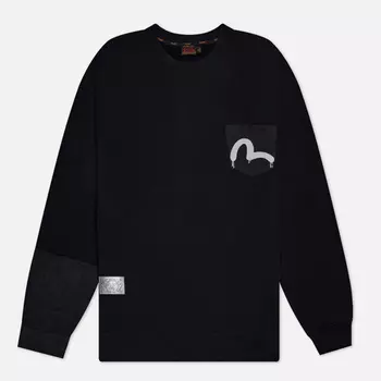 Мужская толстовка Evisu Seagull Print Denim Patchwork Crew Neck, цвет чёрный, размер XXL