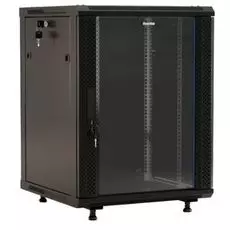 Шкаф настенный 19", 18U Hyperline TWB-FC-1866-GP-RAL9004 стеклянная дверь с перфорацией по бокам, ручка с замком, с возможностью установки на ножки (в