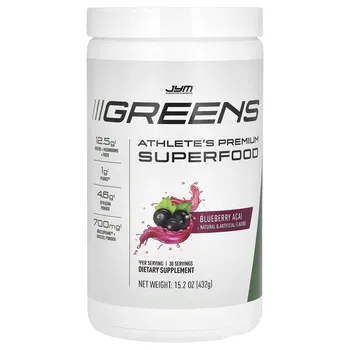 Greens, Суперпродукт для спортсменов премиум-класса, черника асаи, 15,2 унции (432 г) Jym Supplement Science
