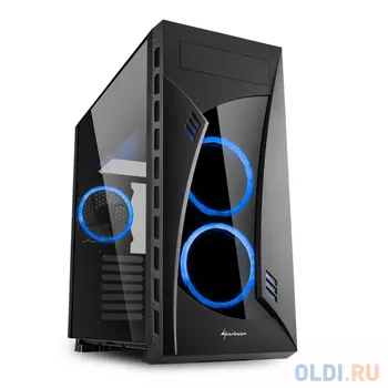 Игровой корпус Sharkoon NIGHT SHARK blue led чёрный (ATX, закаленное стекло, fan 2x120 мм + 1x120 мм + 1x120 мм, 2xUSB 2.0, 2xUSB 3.0, audio)