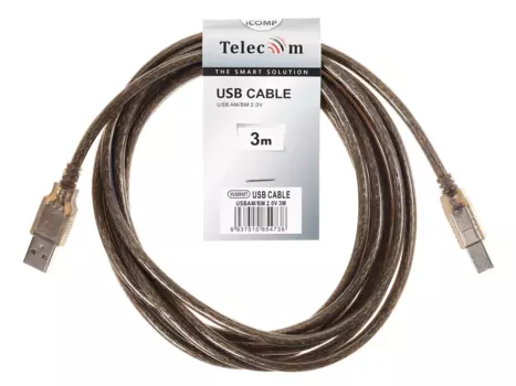 Кабель USB 2.0(Am)-USB 2.0(Bm), 3м, прозрачный Telecom (VUS6900T-3M)