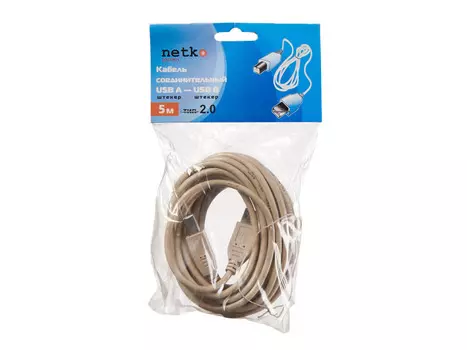 Кабель USB(Am)-USB(Bm), 5 м, серый, Netko (NUSB-2.0AB-5m-php/bl)