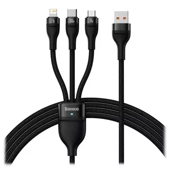 Кабель USB 2.0(Am)-USB 2.0 Type-C(m), быстрая зарядка, 2.4А, 1.2 м, черный, Baseus Flash Series One-for-three CASS030001 (CASS030001)