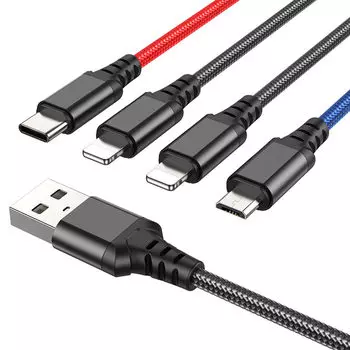 Кабель USB-2xLightning 8-pin+USB Type-C+Micro USB, 2A, 1м, черный/синий/красный HOCO X76 Super (6931474768643)