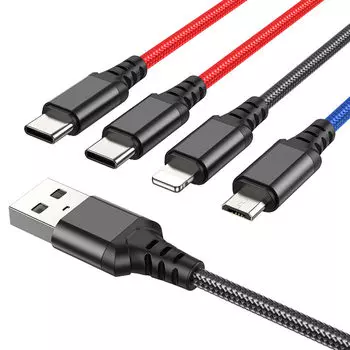 Кабель USB-2xUSB Type-C+Lightning 8-pin+Micro USB, 2A, 1м, черный/синий/красный HOCO X76 Super (6931474768650)