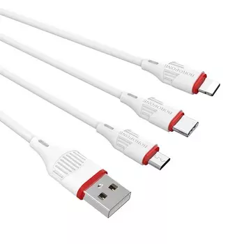 Кабель USB-Micro USB/USB Type-C/Lightning 8-pin, 2.1A, усиленный коннектор, 1м, белый Borofone (BX17 Enjoy)