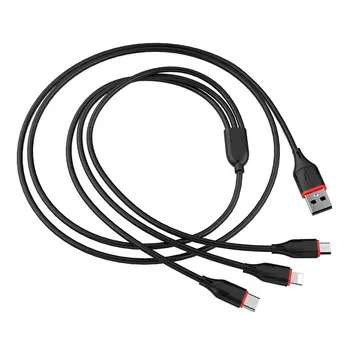 Кабель USB-Micro USB/USB Type-C/Lightning 8-pin, 2.1A, усиленный коннектор, 1м, черный Borofone (BX17 Enjoy)