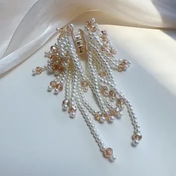 New Arrival Light Luxury Imitation Pearl Tassel Small Grip Clip Handmade Crystal Clip Trendy Water Drop Women Hair Jewelry