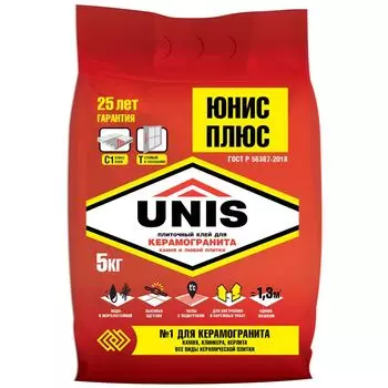 Клей для плитки (С1 T) UNIS Плюс, 5 кг