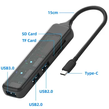 Fonken 5 в 1, прозрачный 3,0 USB-концентратор типа C, высокоскоростной мульти-сплиттер, USB 2,0, адаптер SD/TF-карты для настольного ноутбука 4 Ports USB A Interface чёрный