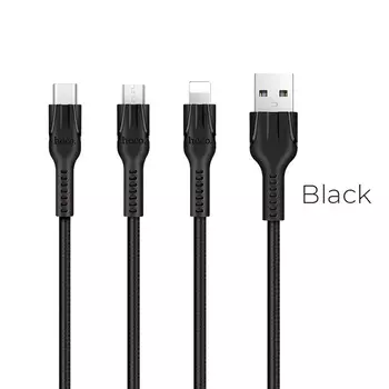 Кабель USB 2.0(Am)-Lightning 8-pin(m)+Micro USB 2.0(Am)+USB 2.0 Type-C(m), 2.4A, 1м, черный HOCO Benay U31 (6957531069331)