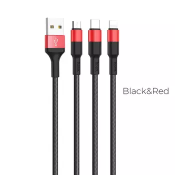Кабель USB 2.0(Am)-Lightning 8-pin(m)+Micro USB 2.0(Am)+USB 2.0 Type-C(m), 1м, черный/красный HOCO Xpress X26 (УТ-00008151)
