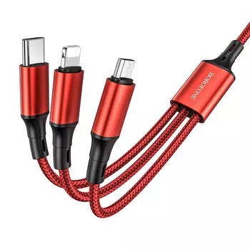 Кабель USB 2.0(Am)-Lightning 8-pin(m)+Micro USB 2.0(Am)+USB 2.0 Type-C(m), 2.4A, 1м, красный Borofone Fresco BX50