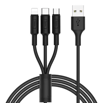 Кабель USB-Lightning 8-pin+Micro USB+USB Type-C, 2A, 1м, черный HOCO Soarer X25 (6957531080169)