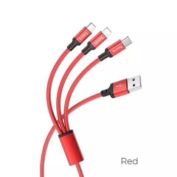 Кабель USB 2.0(Am)-Lightning 8-pin(m)+Micro USB 2.0(Am)+USB 2.0Type C(m), 2A, 1м, красный HOCO X14 (УТ-00009246)