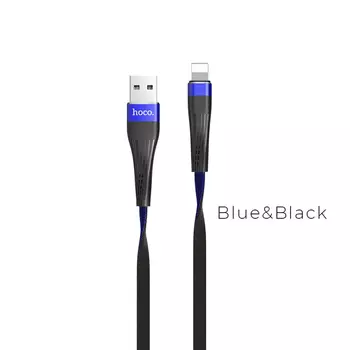 Кабель USB 2.0(Am)-Lightning 8-pin(m), плоский, 2.4A, 1.2м, синий/черный HOCO Slender U39 (6957531077350)