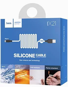 Кабель USB-Micro USB, 2.4A быстрая зарядка, 1м, белый/черный HOCO Silicone X21 (6931474711861)