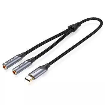 Кабель-разветвитель USB Type-C(M)-2xJack 3.5mm(F), 30см, черный/серебристый Vention (BGNHY)