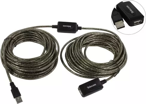 Кабель-удлинитель USB(Am)-USB(Af), 15 м, серебристый, Telecom (TUS7049-15M)