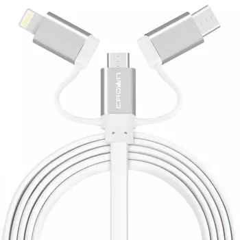 Кабель USB2.0-microUSB/USB Type-C/Lightning, Crown, плоский, в оплетке ПВХ, коннекторы метал, 2А, 1м, белый (CMCU-3182)