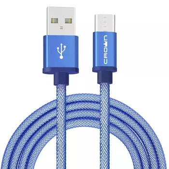 Кабель USB2.0-USB Type-C, Crown, круглый, в нейлоновой оплетке, коннекторы метал, 2А, 1м, синий (CMCU-3072C)