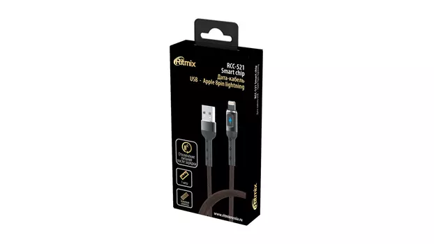 Кабель USB 2.0(Am)-Lightning 8-pin(m), 2A, 1м, черный/красный Ritmix Smart Chip RCC-521 (80000792)