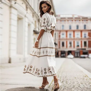 HI-FASHION Ретро платье-рубашка женское повседневное свободное платье макси с коротким рукавом элегантное длинное пляжное платье с высокой талией и поясом на пуговицах M зелёный