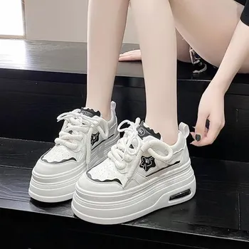 fashion Women 8CM Leather Sneakers Autumn Spring Lace-up Casual Walking Shoes Chunky Sneakers High Platform Sport Skateboard Shoes Woman 34 чёрный
