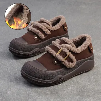 Johnature Plush Warm Retro универсальные лоферы из натуральной кожи повседневные женские туфли на плоской платформе с толстой подошвой 35 коричневый