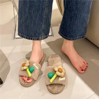 Fashion 2024 Winter New Women s Home Solid Color Flower Decorated Fluffy Furry Cotton Slippers 36 серый