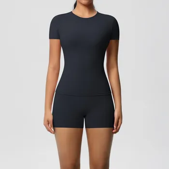 Nessaj Quick Dry Sportswear Women Yoga Set Fitness Push Up Shorts Elastic Short Sleeve Top Suits S розовый
