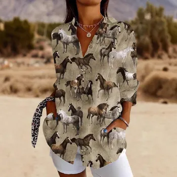 Блузка Horse Pack для женщин Cool Horses Love Loose Blouses Летняя повседневная рубашка с длинным рукавом Одежда большого размера 5XL S