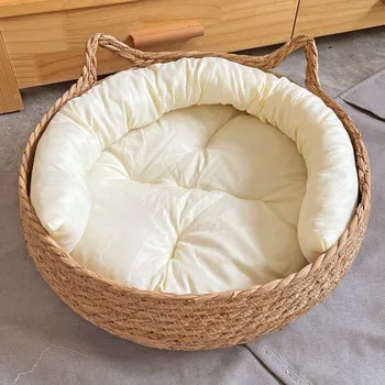 OUZEY плетеная корзина для кошек из ротанга, мягкая, теплая, с подушкой, для щенков и котят, круглая, удобная, спальная, для кошек