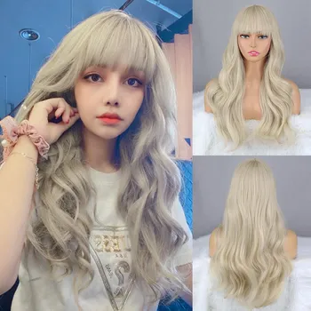 MISS WIG Ombre Черный Коричневый Цвет Длинный Волнистый Парик Синтетическое Волокно Длинный Волнистый Коричневый Парик с Челкой для Женщин 20inches