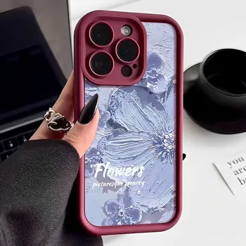 Мягкий чехол для телефона из термополиуретана конфетного цвета для iPhone 16 Pro 15 14 Plus 13 12 11 Pro Max Xs Xr 8 7, противоударный, рельефный, с синим цветочным узором, защитная крышка для объектива iPhone 16 чёрный