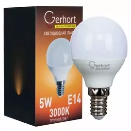 Лампа светодиодная E14, 5 Вт, шар, 3000 К, свет теплый, Gerhort, Лампа