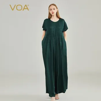 VOA Шелковый жаккардовый комбинезон Momme Peacock Green с круглым вырезом и боковыми карманами, повседневный свободный комбинезон с широкими штанинами, женский KE1019