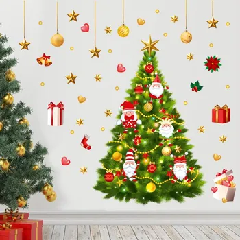 Милый мультфильм Санта-Клаус, снеговик, лось, Рождественская елка, наклейка на стекло, окно, рождественская вечеринка, наклейка на стену, украшение 1